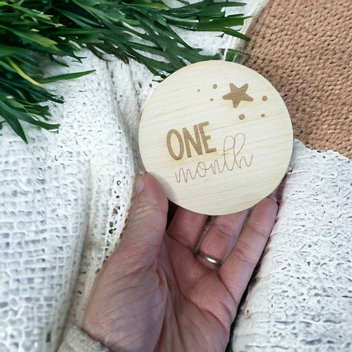 one month baby photo prop disc. Made from maple wood