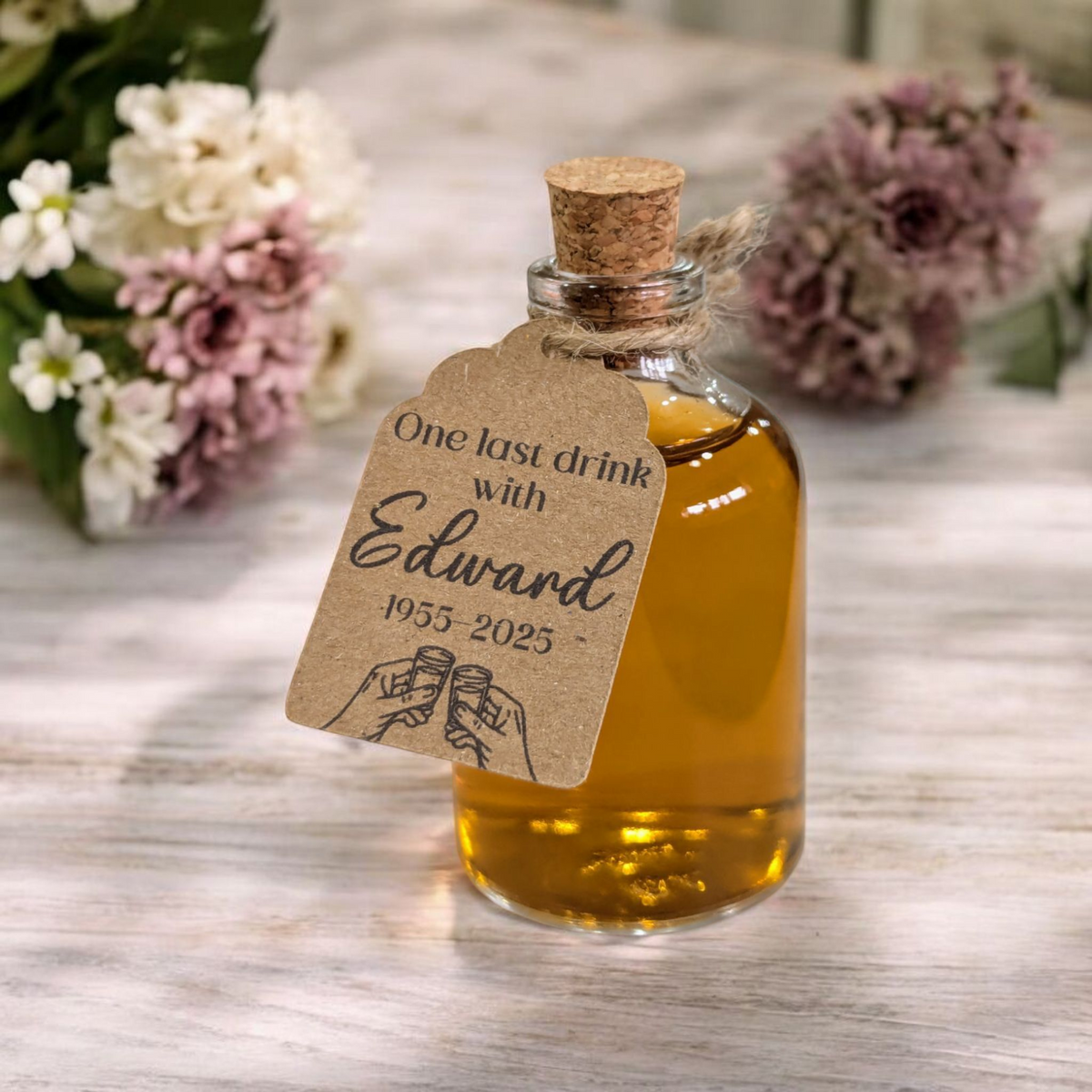 Funeral Favour Bottle with Personalised Tags