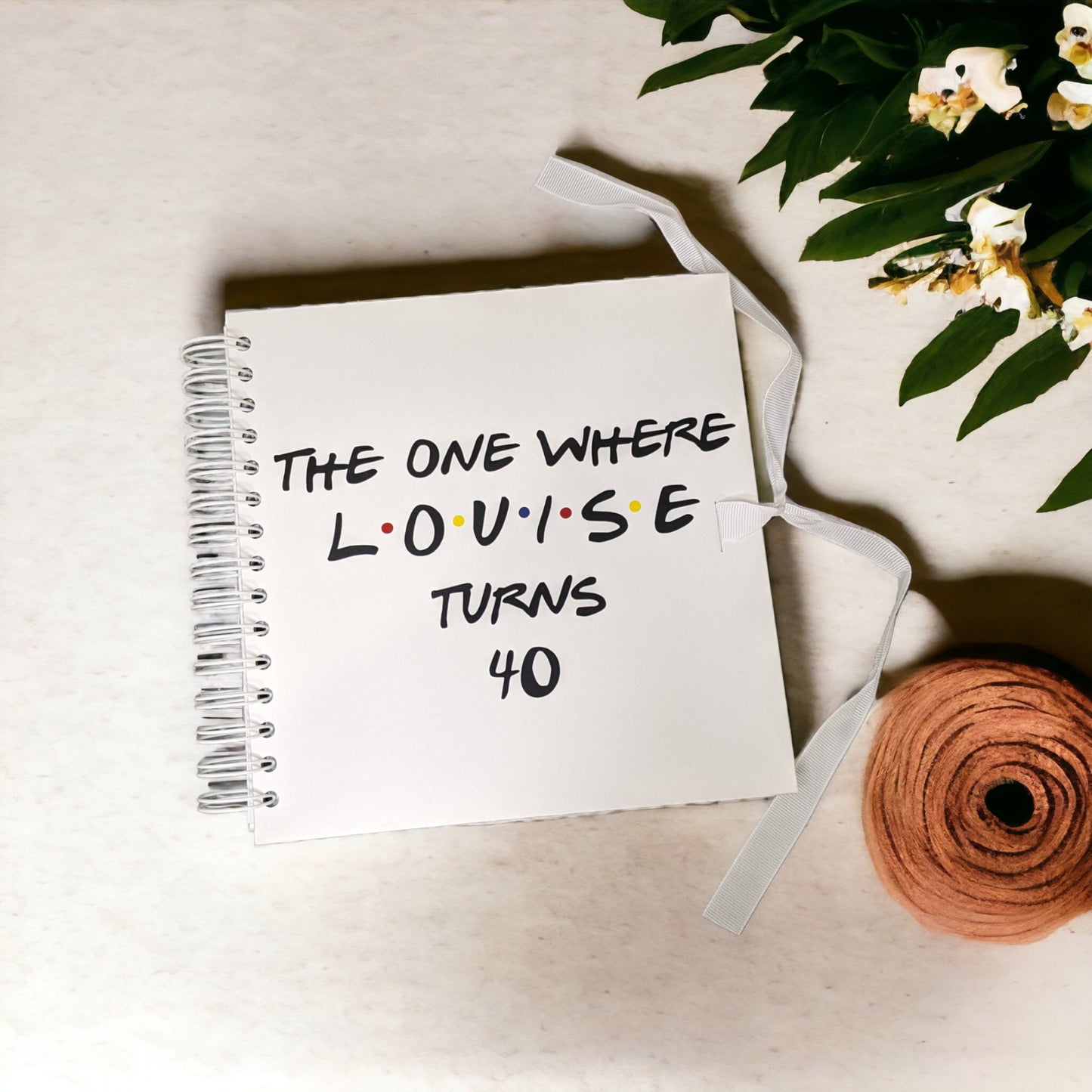 a 40th birthday guest book with a personalised name and the phrase the one where at the beginning.