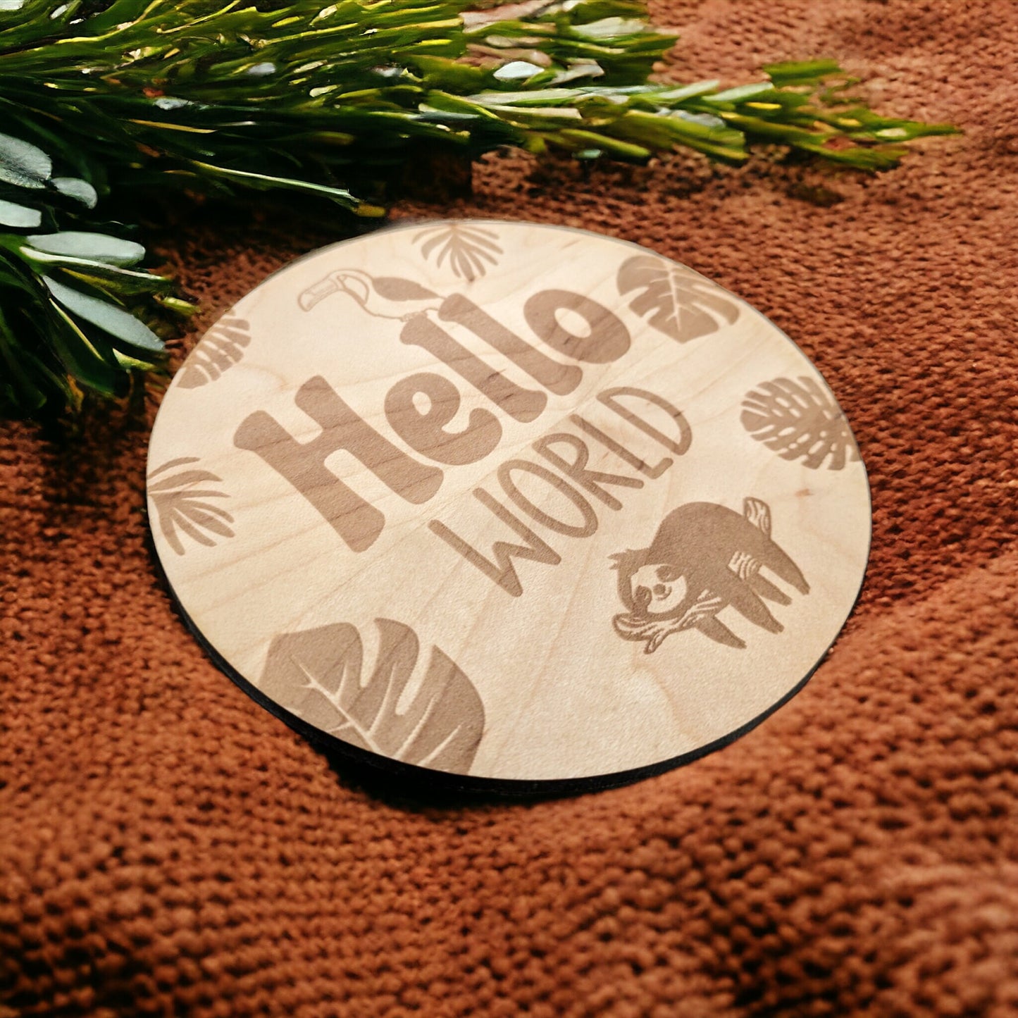 Sloth and toucan hello world wooden baby announcement