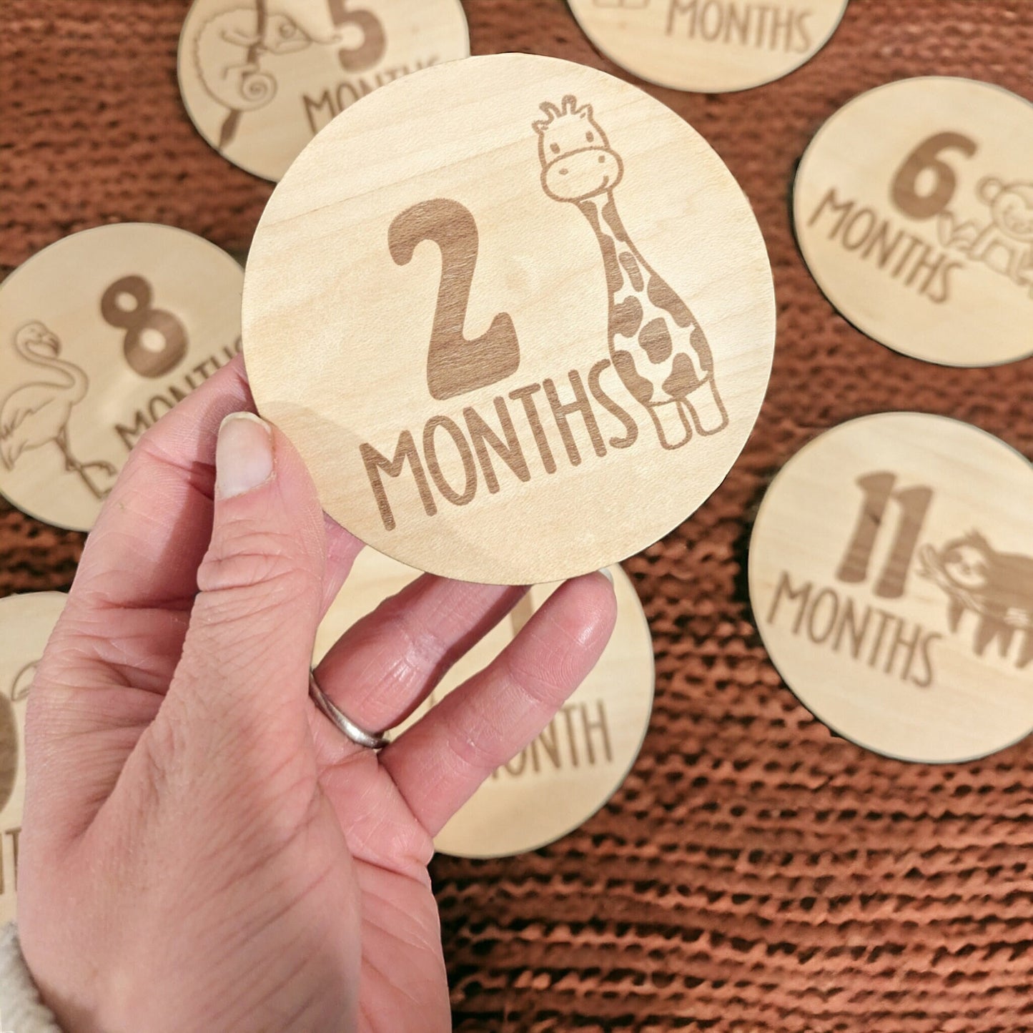 2 month newborn photo prop. Wooden Discs with giraffe engraved