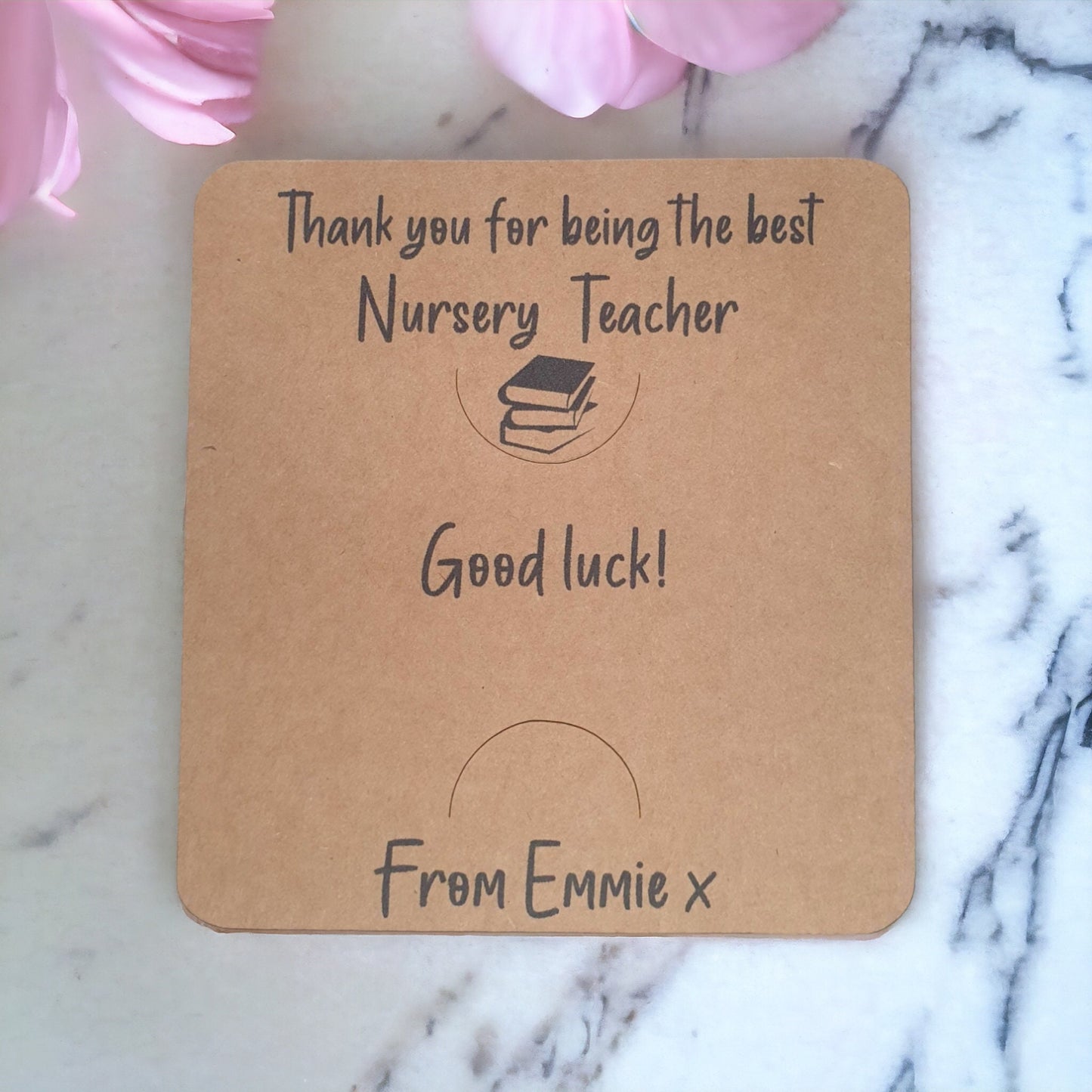 Nursery teacher scratch card gift. Mad with kraft brown card and a space to have a scratch card in the middle