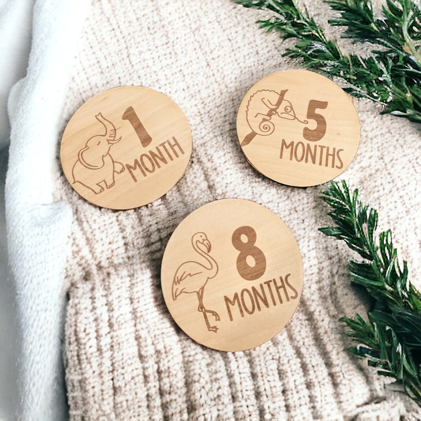elephant, iguana and flamingo baby milestone dics. Made from light maple wood.