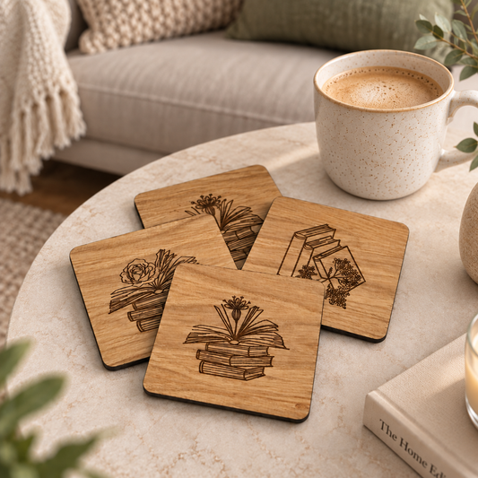 Four square wooden coasters with engraved book-and-flower designs, arranged on a round table next to a ceramic coffee mug in a cozy living room setting.