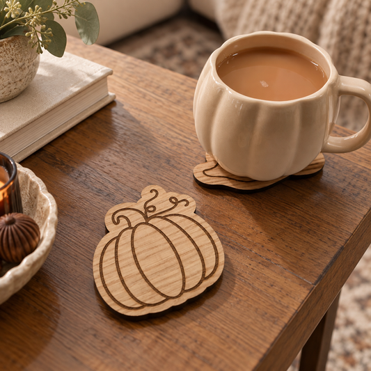 A wooden pumpkin-shaped coaster with engraved line details sits on a rustic wooden table next to a cream-colored pumpkin mug filled with coffee, with a book and candle in the background.