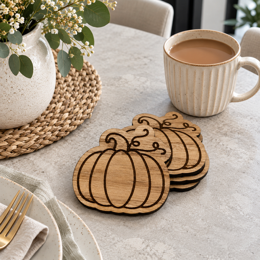 Three pumpkin-shaped wooden coasters with engraved line art, stacked on a light gray stone table next to a beige coffee mug, a white vase with flowers, and a plate with a gold fork.