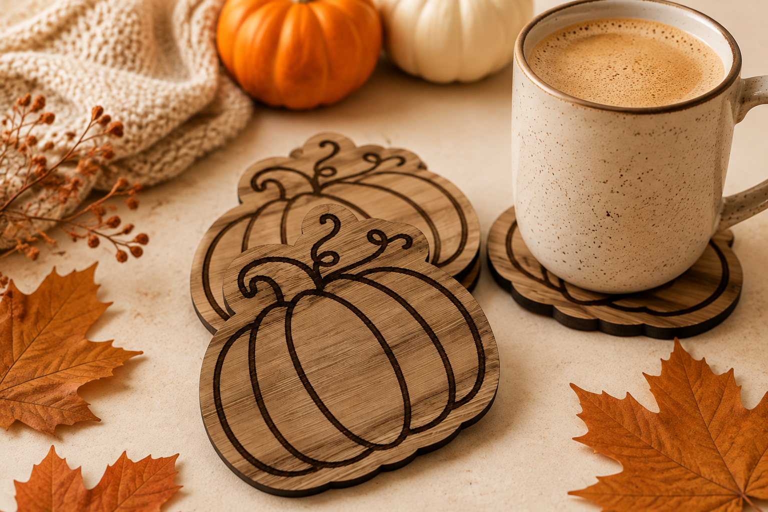 Two wooden pumpkin-shaped coasters displayed on a tabletop, with one coaster holding a speckled ceramic mug filled with coffee. The scene is styled with autumn leaves, a knitted textile, small pumpkins, and dried flowers.