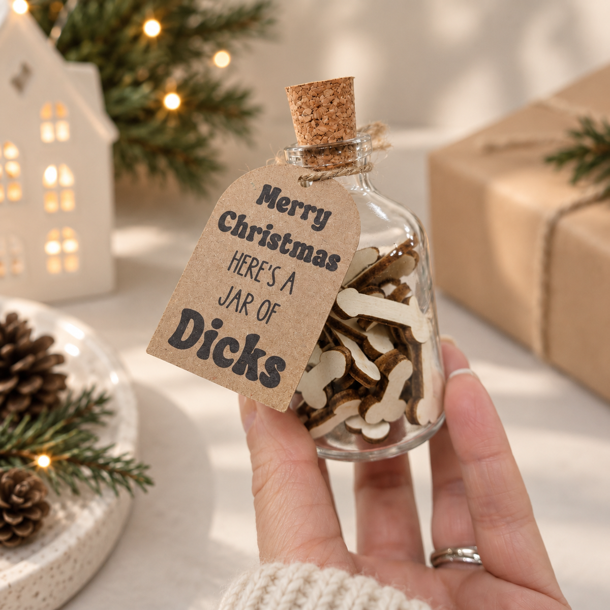 A hand holds a small clear glass jar with a cork stopper and a kraft paper tag that reads, 'Merry Christmas HERE'S A JAR OF Dicks.' The jar contains wooden penis-shaped ornaments.