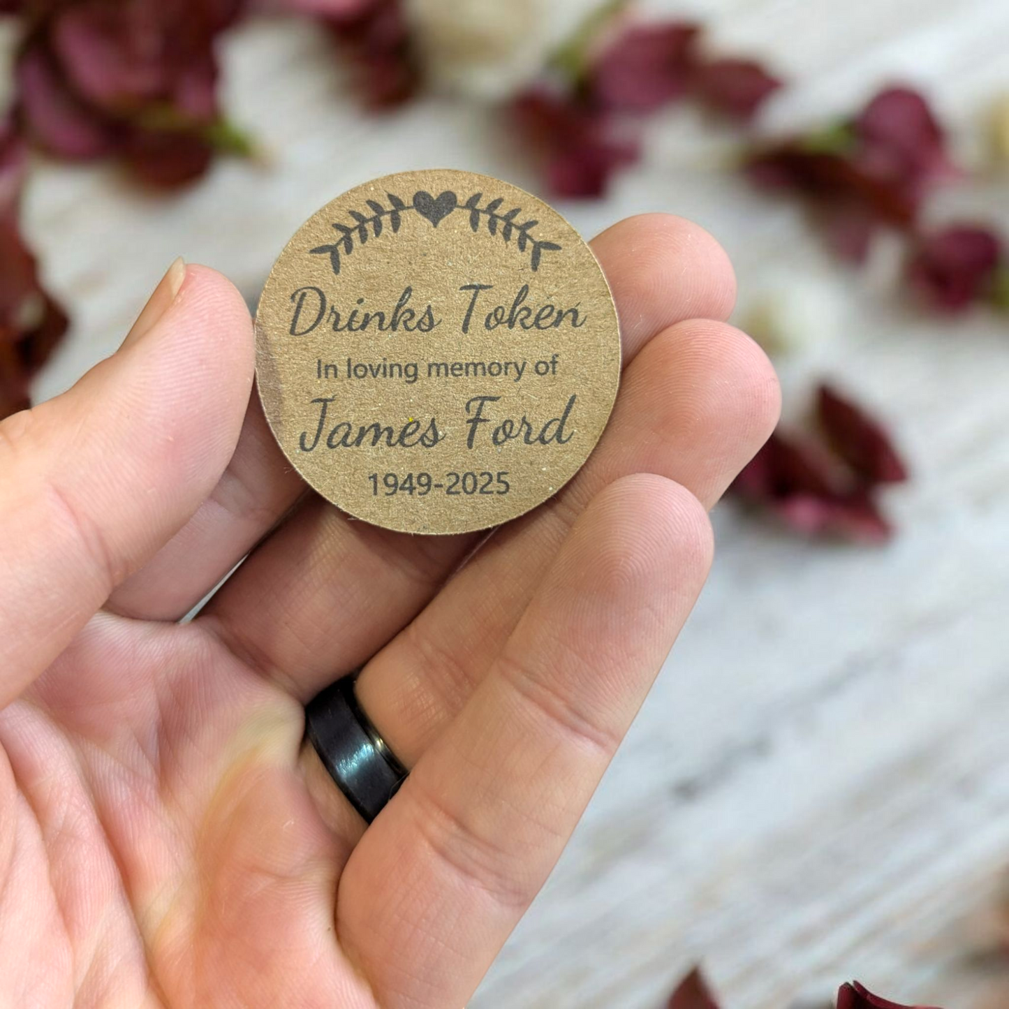 Funeral Favours Personalised Drinks Token for Guests