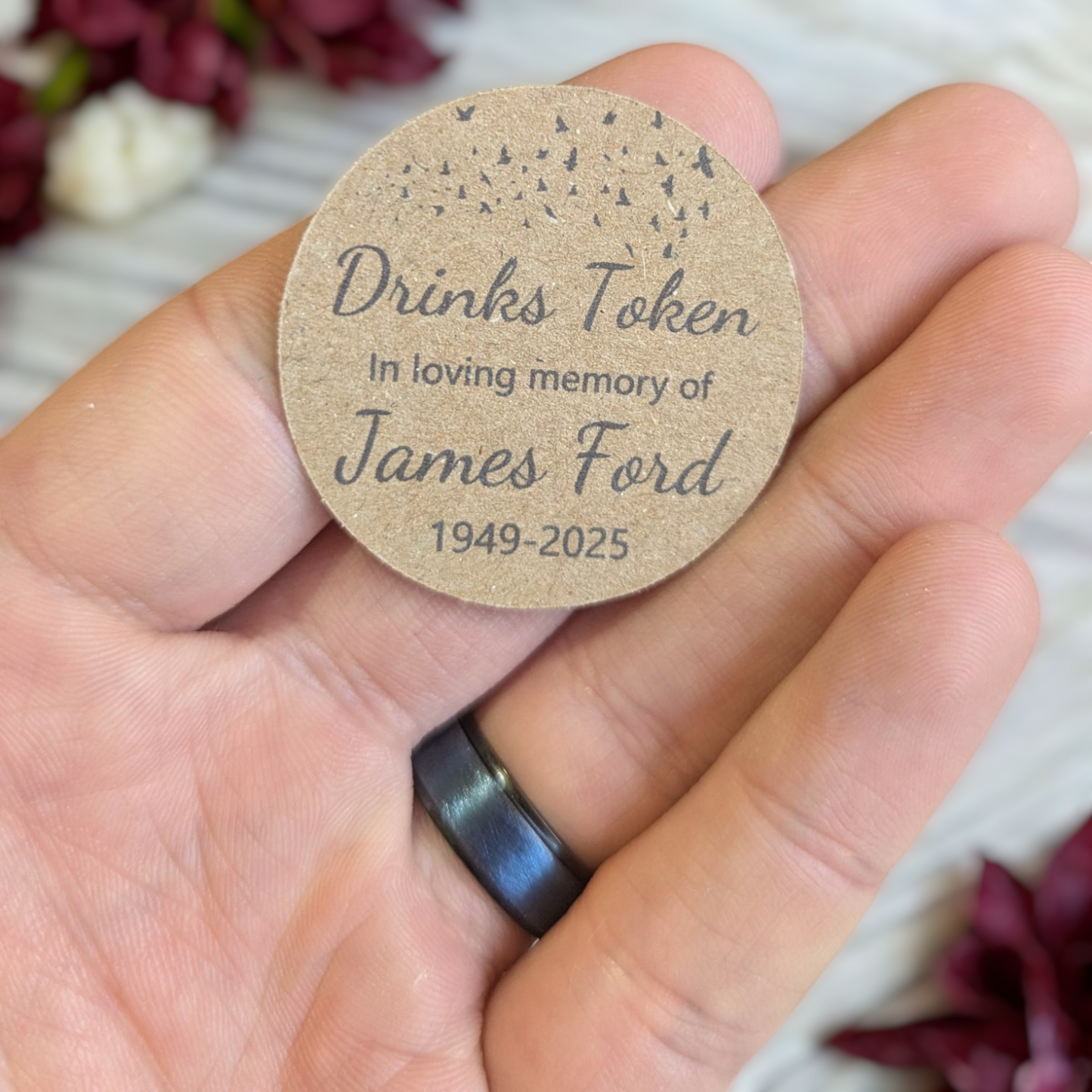 Funeral Favours Personalised Drinks Token for Guests