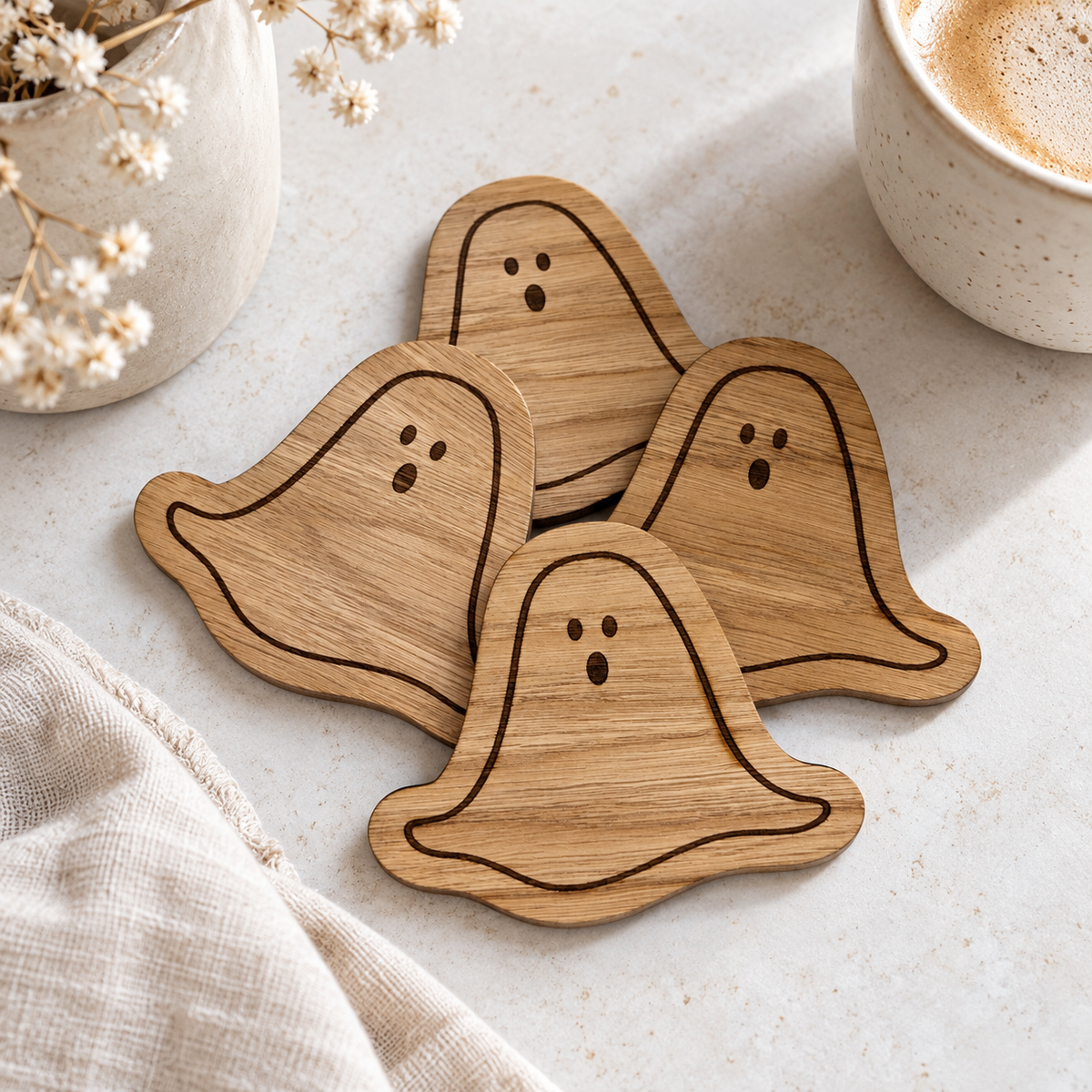 Ghost Halloween Wooden Coaster Set