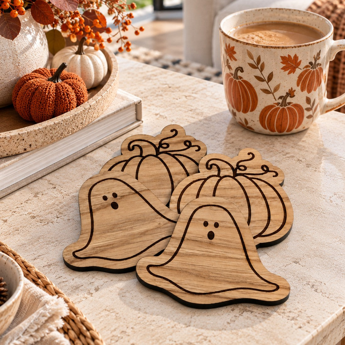 Ghost Halloween Wooden Coaster Set