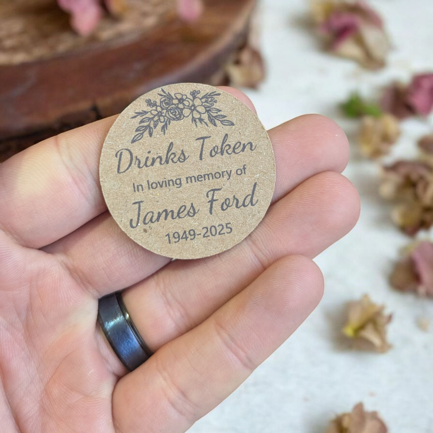 Funeral Favours Personalised Drinks Token for Guests