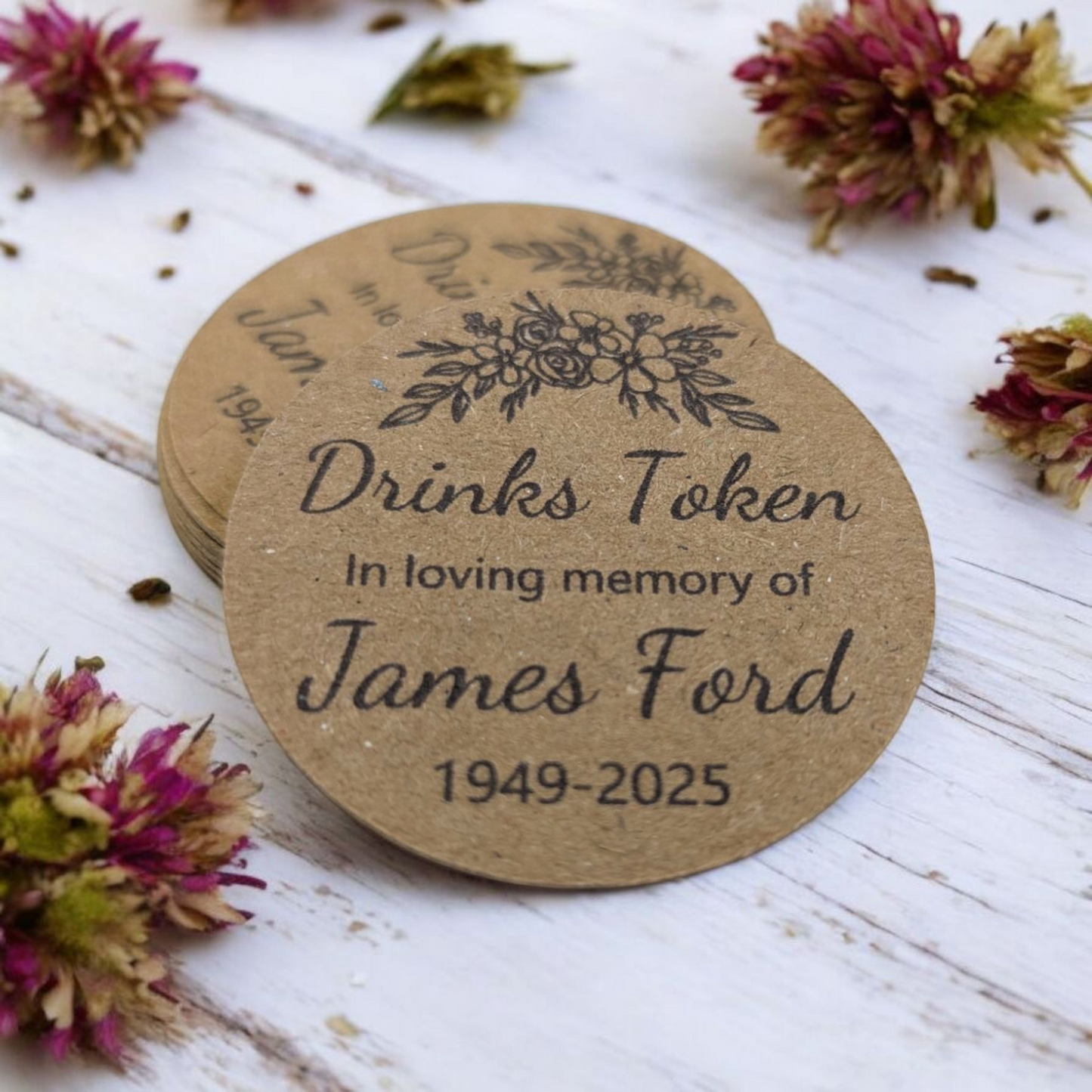 Funeral Favours Personalised Drinks Token for Guests