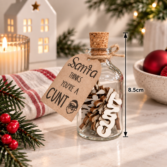 A small clear glass bottle with a cork stopper and a hanging kraft paper tag reading 'Santa THINKS YOU'RE A CUNT' is styled on a marble surface with holiday decor, a candle, pine branches, and red ornaments. A vertical measurement marker on the right shows 8.