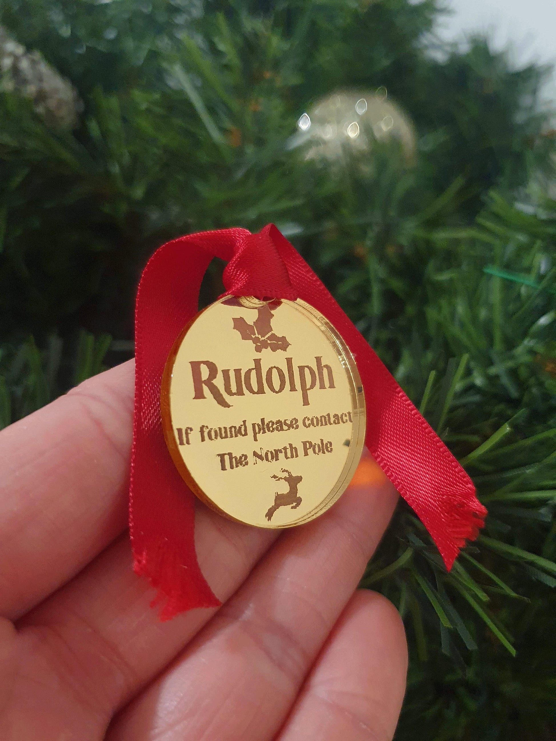 gold missing ID tag for rudolph that has fallen from the sleigh