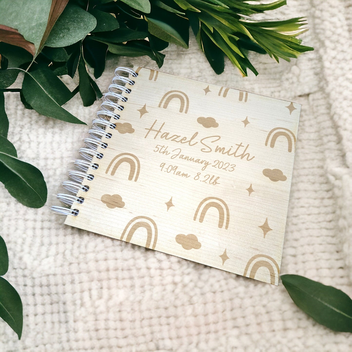 maple wood memory book for new babies. Cute rainbow design engraved in to the wood