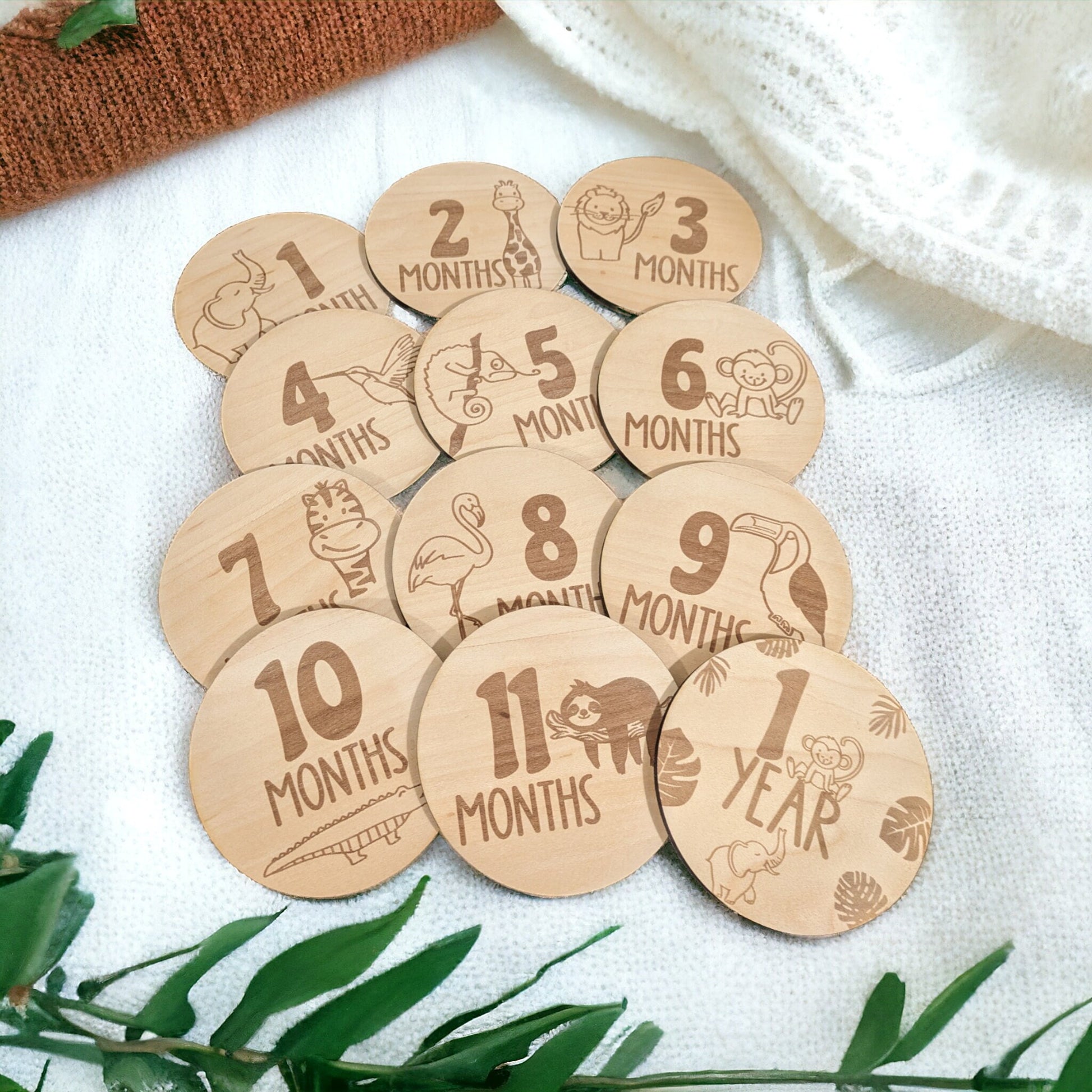 Wooden disc for baby photo shoot. Different jungle animals
