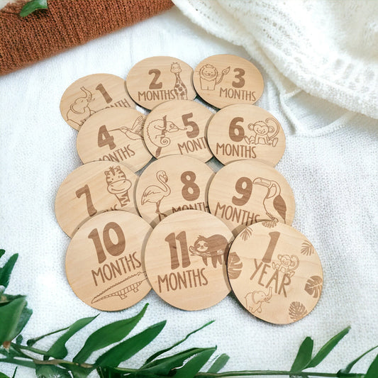 Wooden disc for baby photo shoot. Different jungle animals