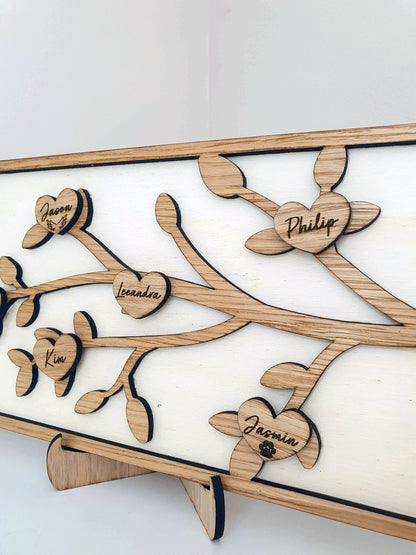 family tree that includes dogs and pets. Each heart on the family tree has a family member including pet.