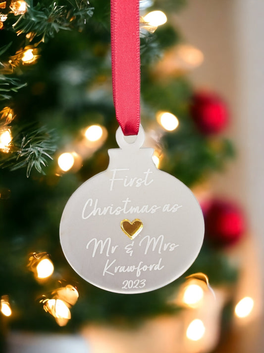 engraved frosted acrylic bauble for newly weds