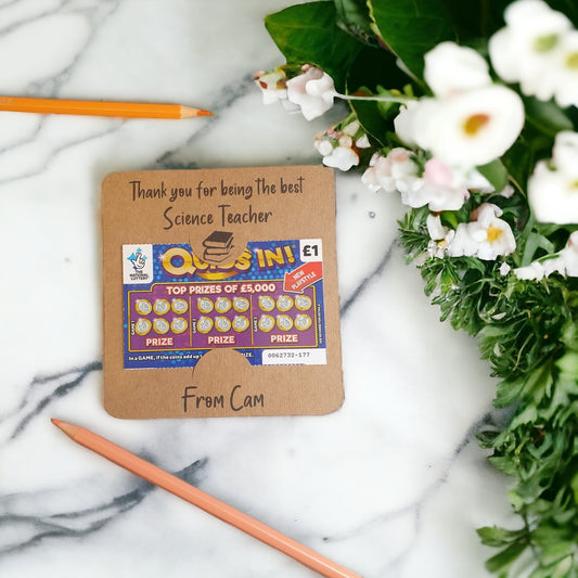 A small teacher gift for the end of term. The scratch card holder has ' Thank you for being the best science teacher' on the top. In the middle is a place to put a scratch card for your childs favourite teacher.